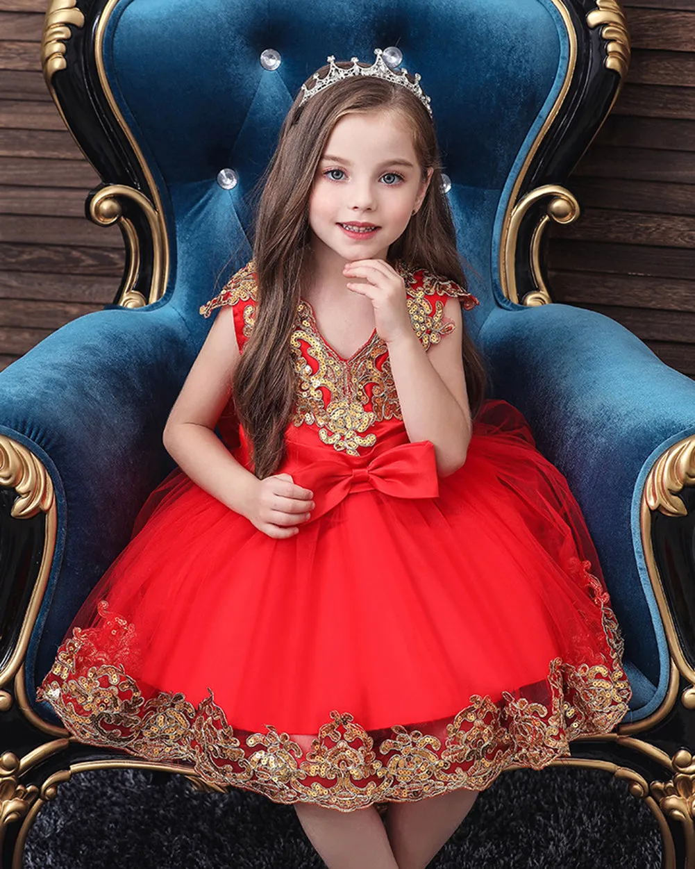 Girls Embroidered Sequins Tulle Dress Big Bow Flower Girl Dress