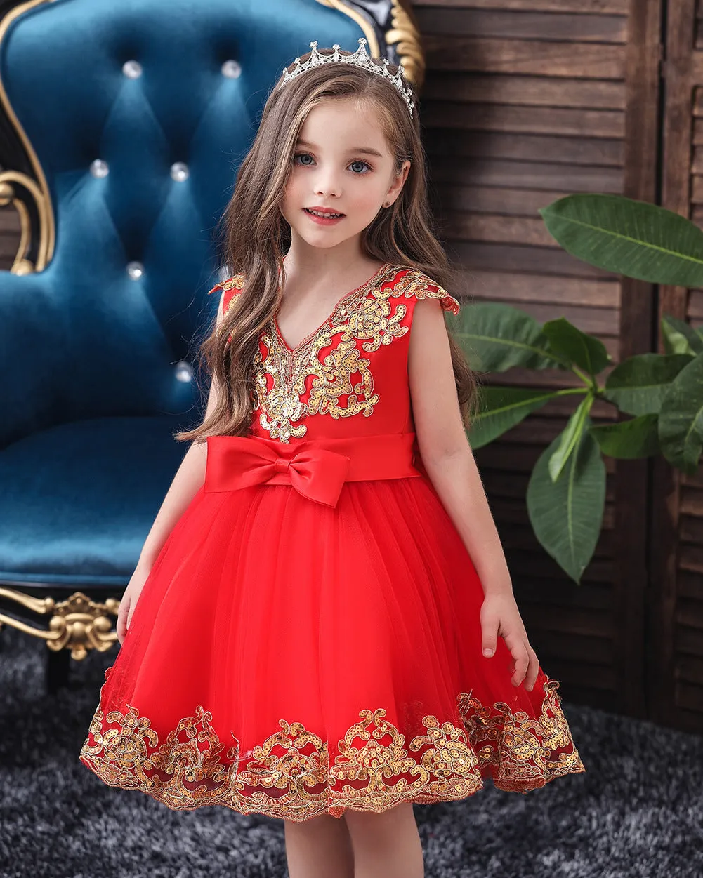 Girls Embroidered Sequins Tulle Dress Big Bow Flower Girl Dress