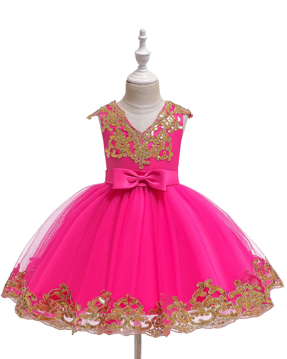Girls Embroidered Sequins Tulle Dress Big Bow Flower Girl Dress