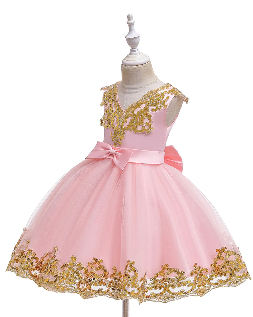 Girls Embroidered Sequins Tulle Dress Big Bow Flower Girl Dress