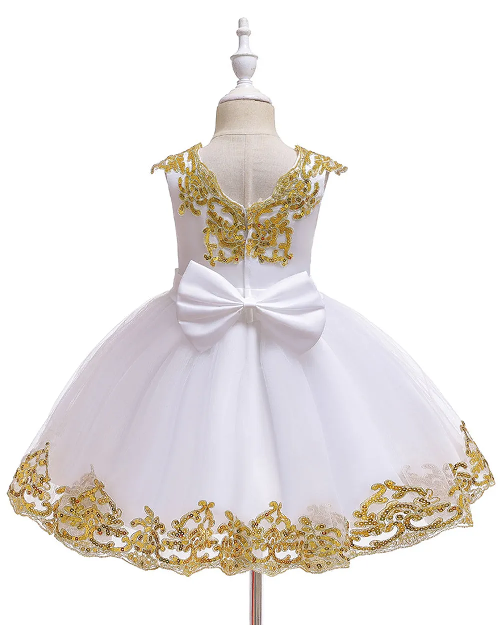 Girls Embroidered Sequins Tulle Dress Big Bow Flower Girl Dress