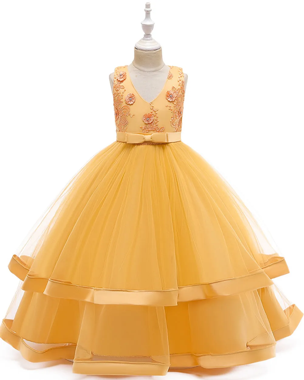 Girls Sleeveless V-neck Bow Tie Christmas Flower Pageant Wedding Dress