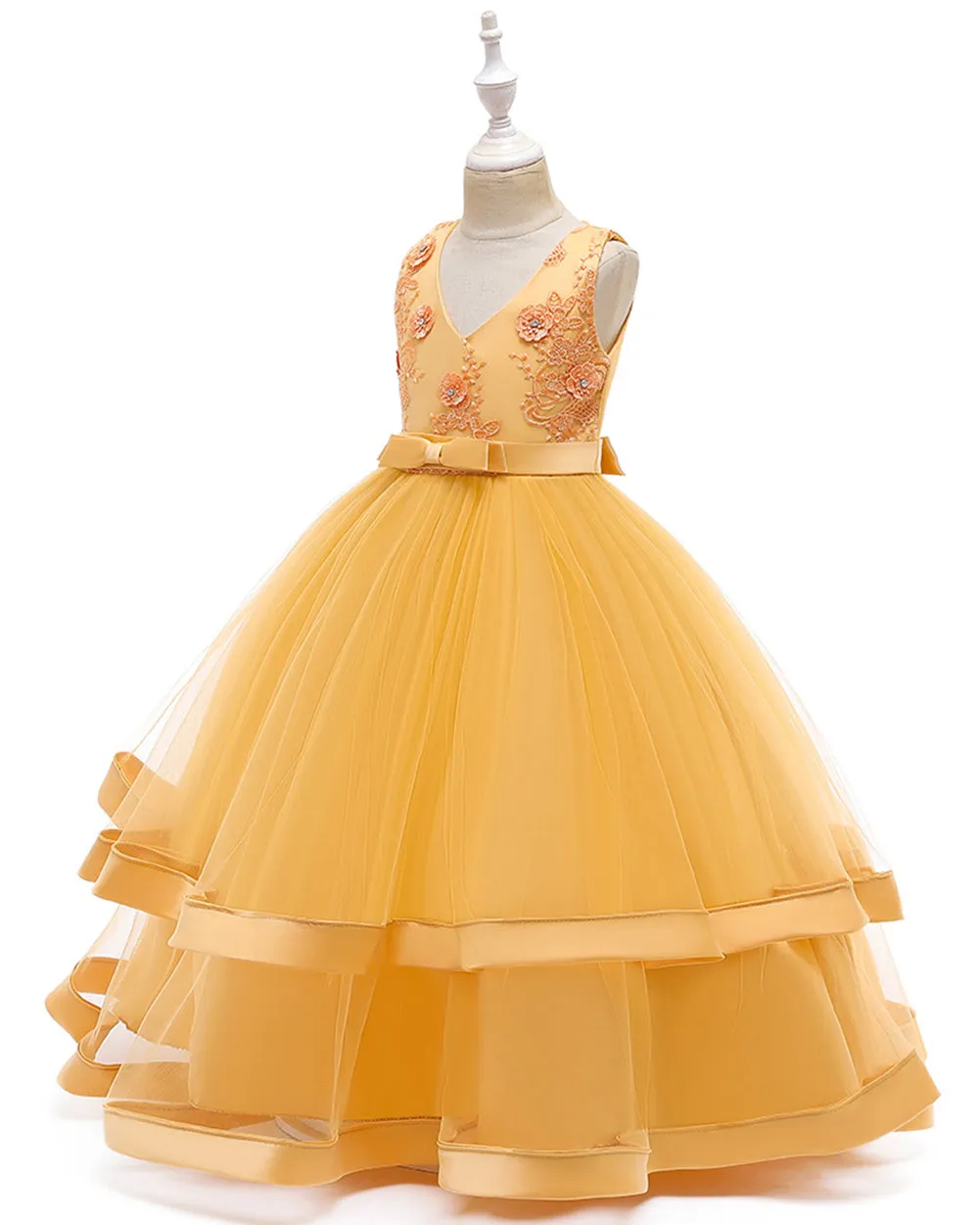 Girls Sleeveless V-neck Bow Tie Christmas Flower Pageant Wedding Dress