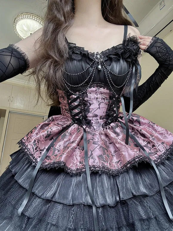 Gothic Lolita Dresses Lace Bows Jacquard Pink Burgundy