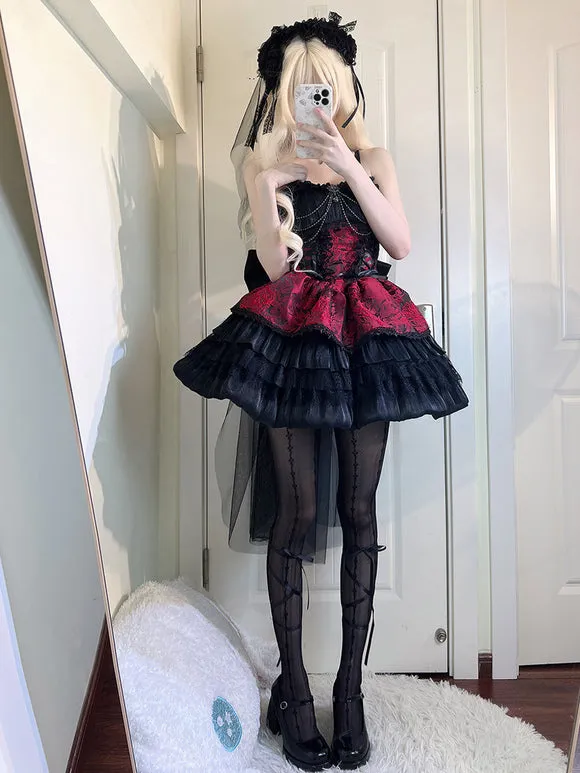 Gothic Lolita Dresses Lace Bows Jacquard Pink Burgundy