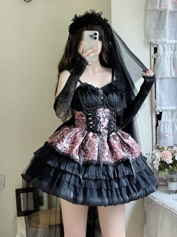 Gothic Lolita Dresses Lace Bows Jacquard Pink Burgundy