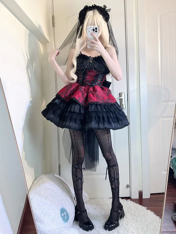 Gothic Lolita Dresses Lace Bows Jacquard Pink Burgundy