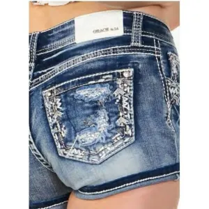Grace In LA Women's Border Embroidered Distressed Stretch Denim Jean Shorts