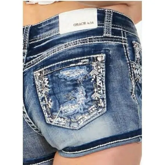 Grace In LA Women's Border Embroidered Distressed Stretch Denim Jean Shorts
