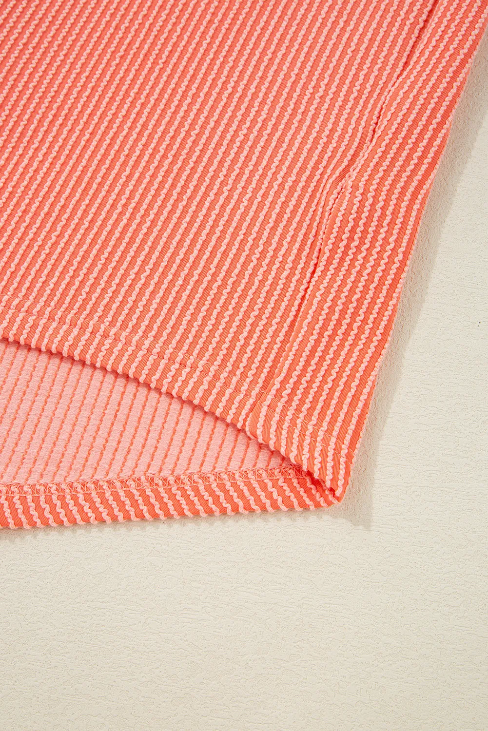 Grapefruit Orange Corded Half Sleeve Button Up High Low Hem Loose Shirt