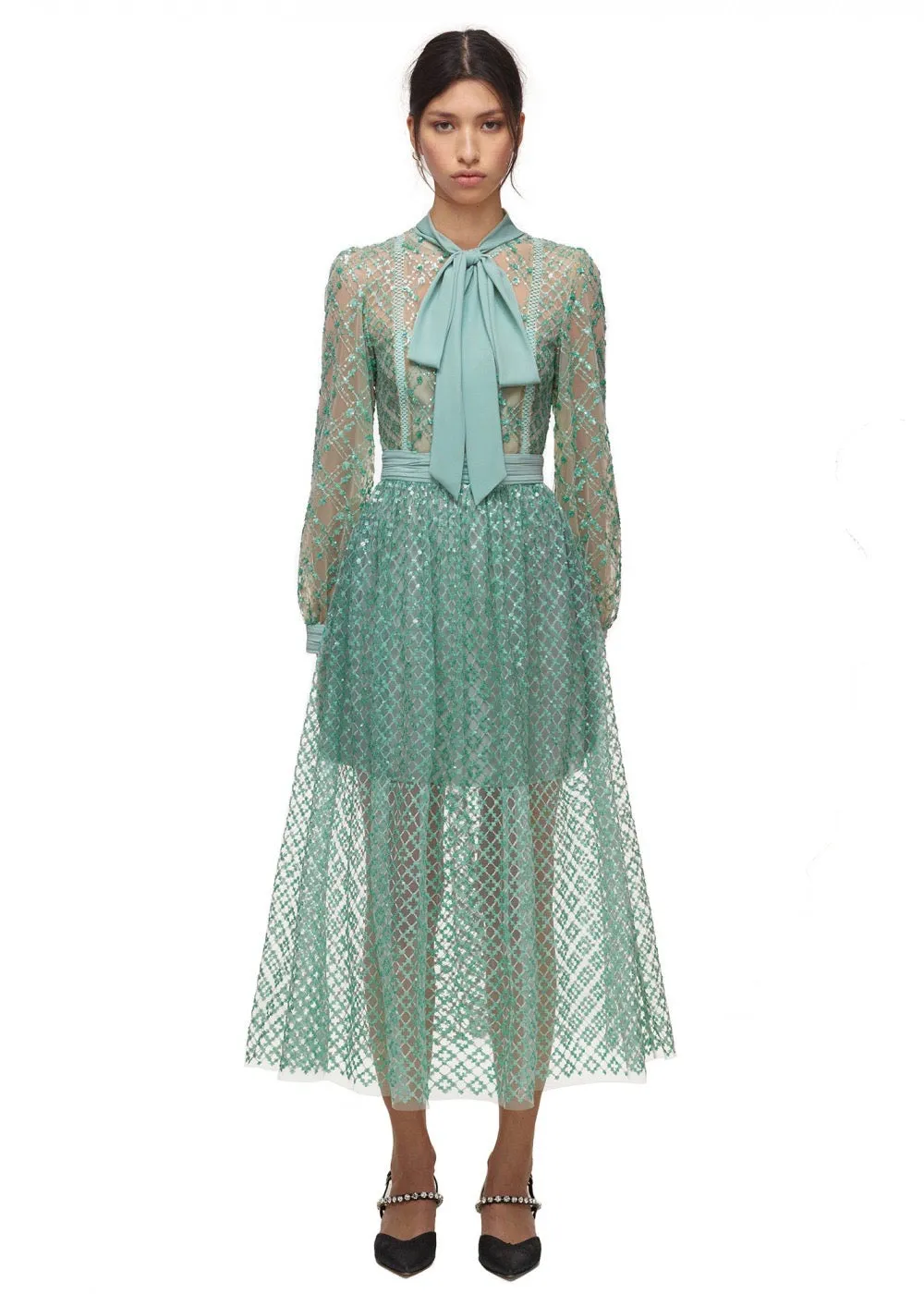 Grid Sequin Tiered Midi Dress (Sage)