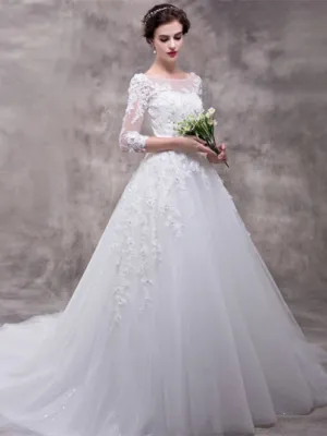 Half Sleeves Appliques Court Train Wedding Dress