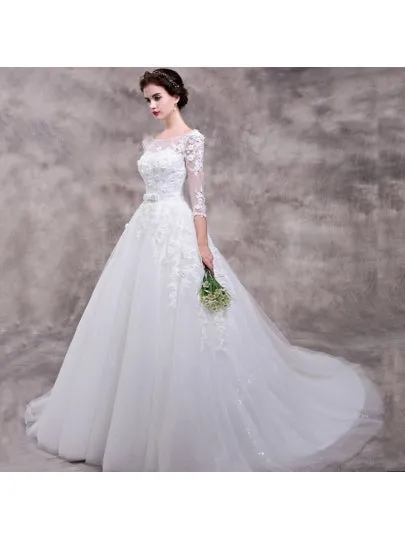 Half Sleeves Appliques Court Train Wedding Dress