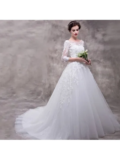 Half Sleeves Appliques Court Train Wedding Dress
