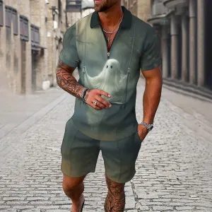 Halloween Ghost Mens Print Short Sleeve Polo Shirt And Shorts Co-Ord