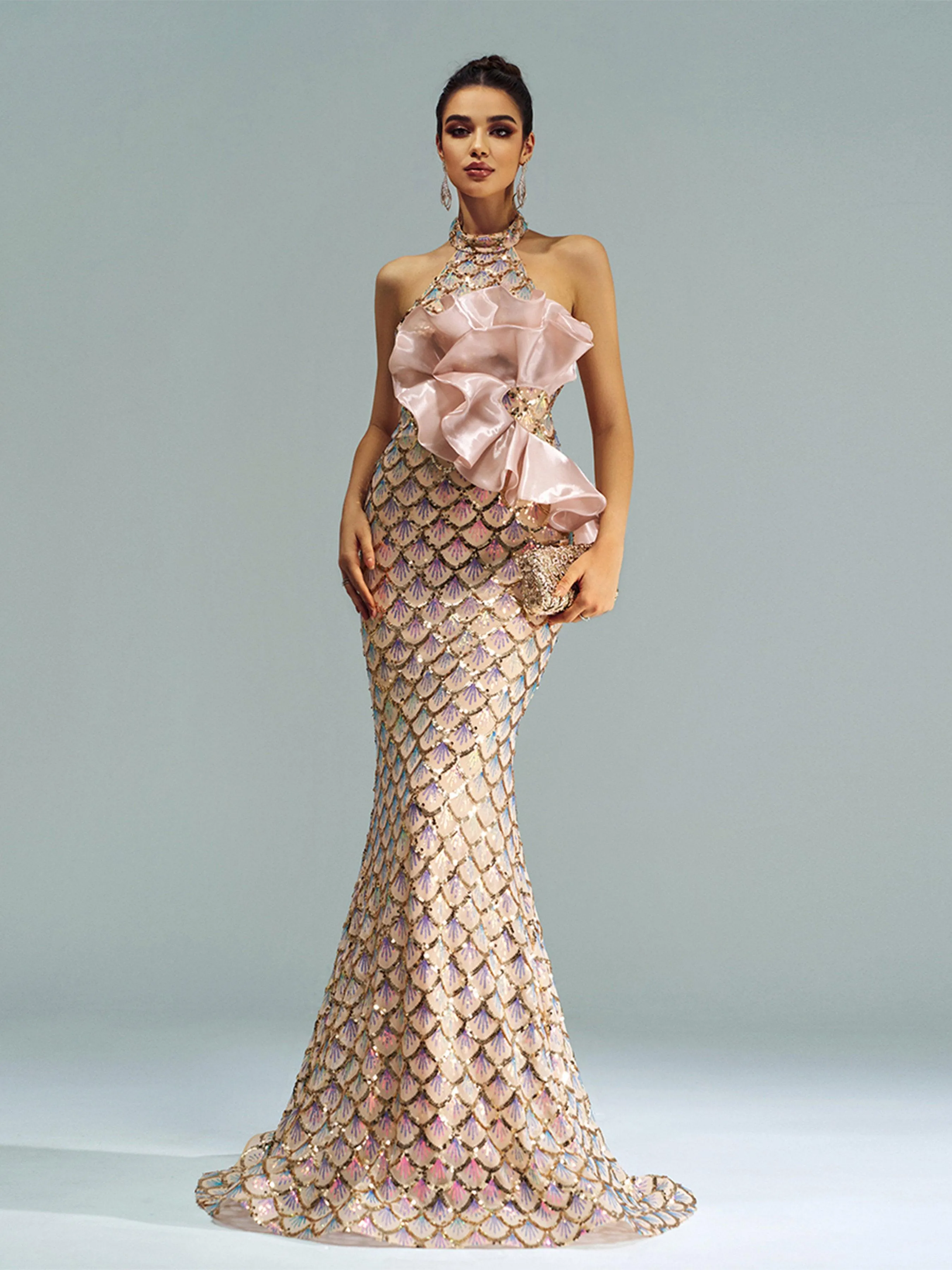 Halter Floral Mermaid Sequin Evening Dress DH80204