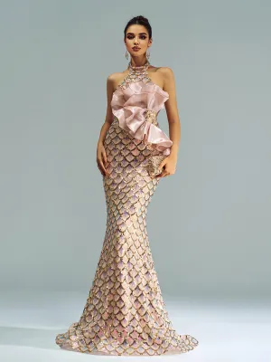 Halter Floral Mermaid Sequin Evening Dress DH80204