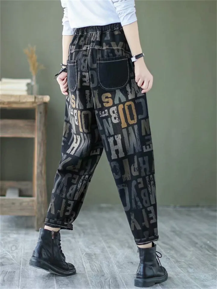 Hip Hop Vintage Letters Print Jeans for Women