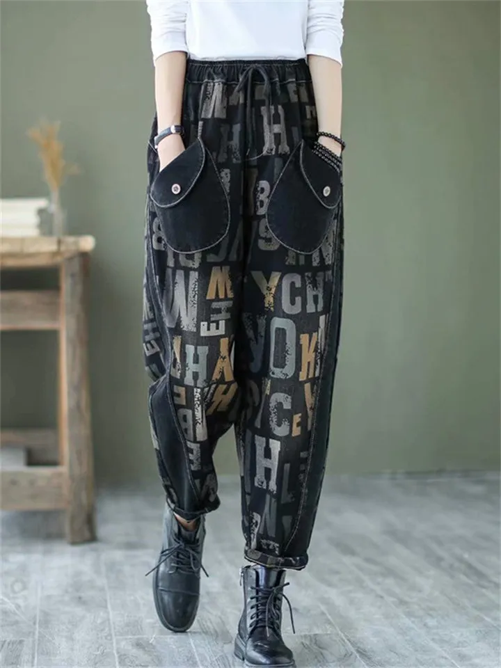 Hip Hop Vintage Letters Print Jeans for Women
