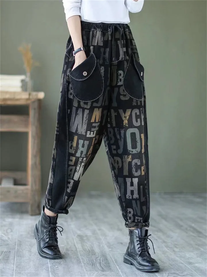 Hip Hop Vintage Letters Print Jeans for Women