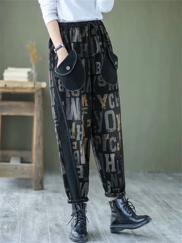 Hip Hop Vintage Letters Print Jeans for Women