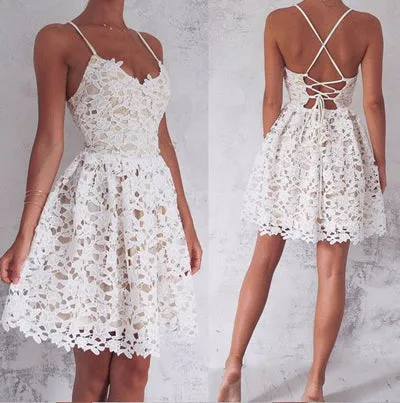 Ivory A-Line Spaghetti Straps Lace-Up Lace Short Homecoming Dress, Sweet 16 Dress, SH374