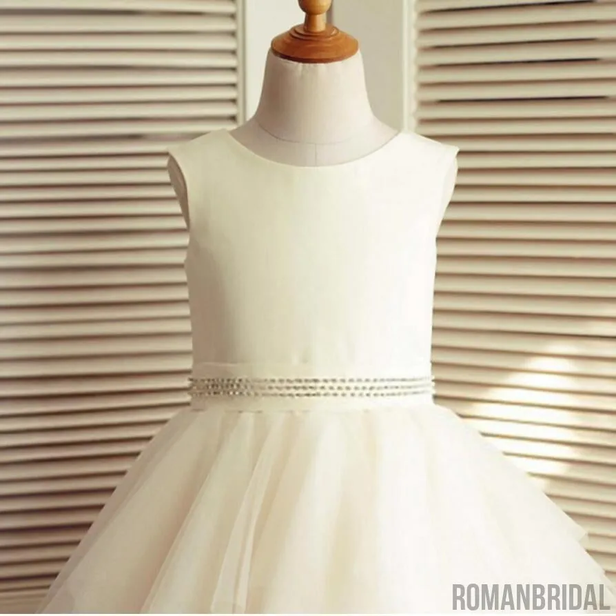 Ivory Satin Top Beaded Belt Tulle Flower Girl Dresses, Pixie Tutu Dresses, Little Girl Dresses, FG074