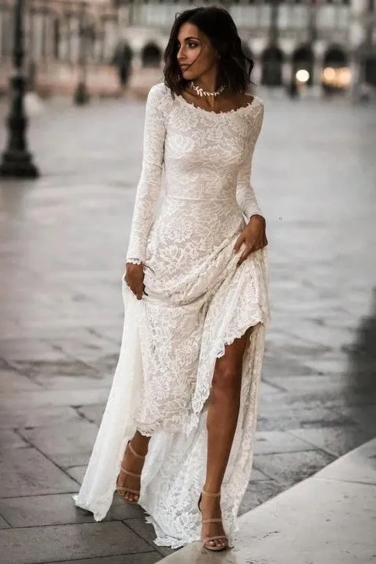 Jacolyn | Lace Full Sleeves Ivory Wedding Dresses with Sweep Train