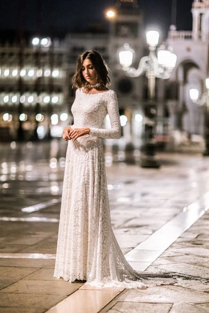 Jacolyn | Lace Full Sleeves Ivory Wedding Dresses with Sweep Train
