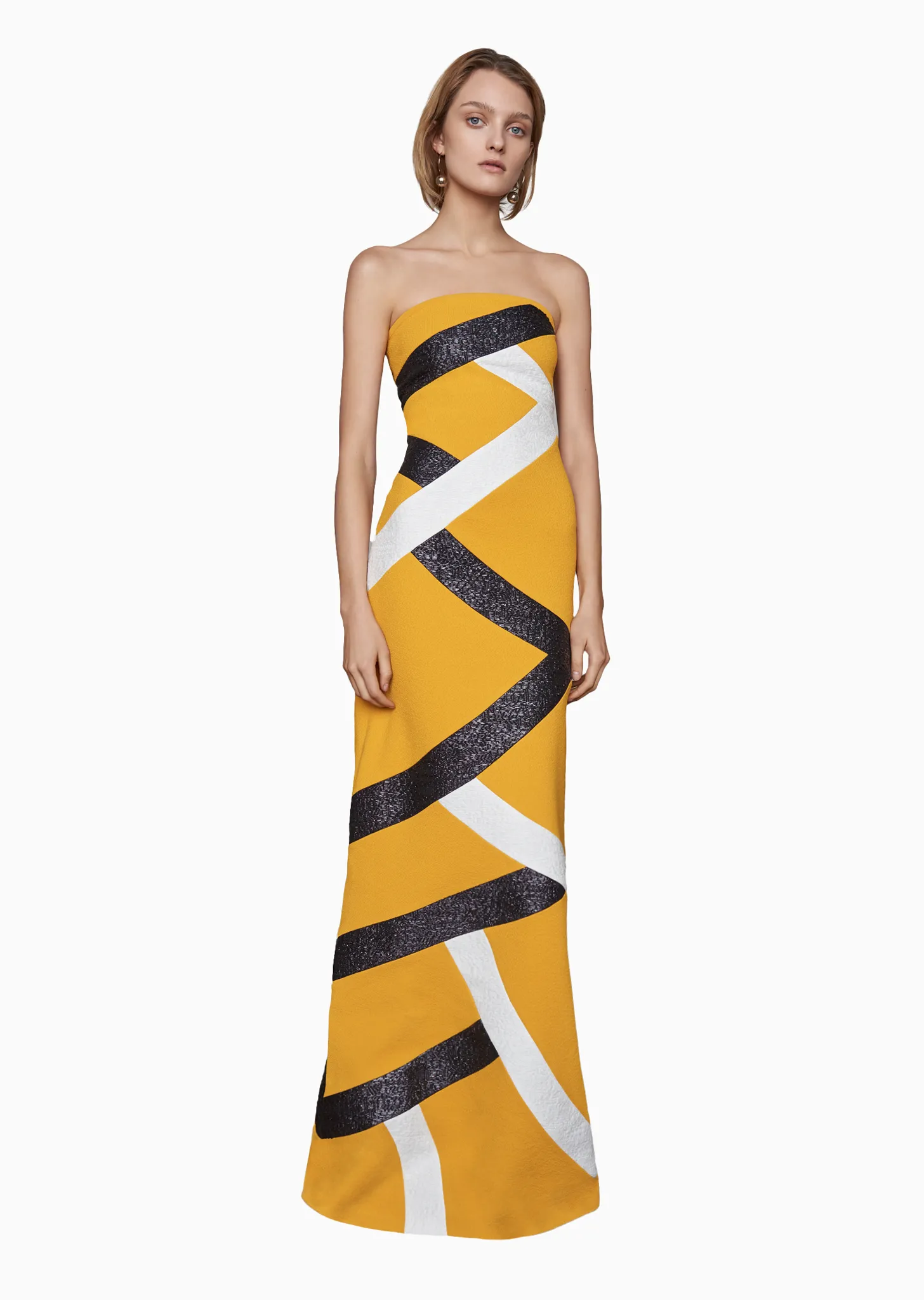 Jacqui – Strapless Column Gown with Black and White Raffia Stripes