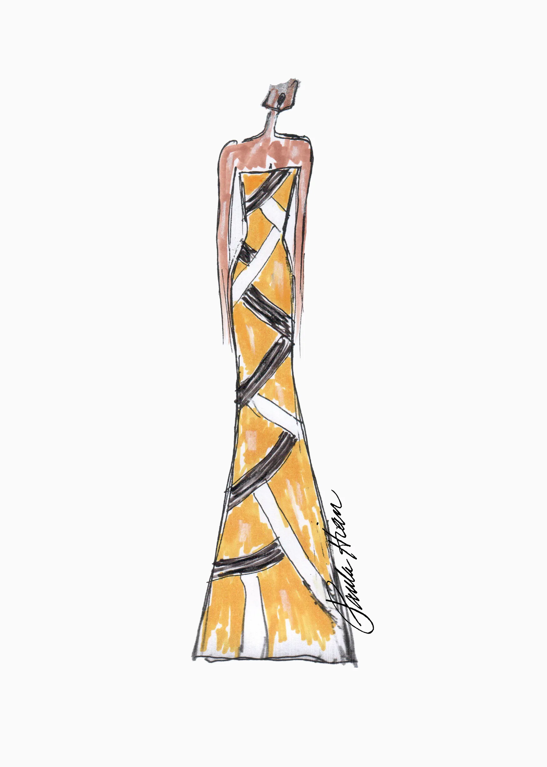 Jacqui – Strapless Column Gown with Black and White Raffia Stripes