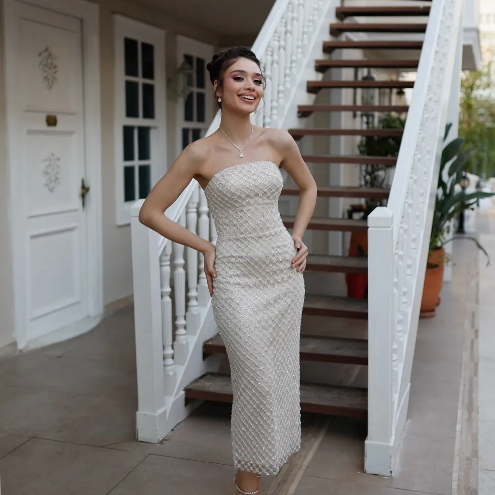 JazzHer Customized White One Shoulder Beaded Prom Dresses Sleeveless Strapless vestidos de noche Ankle-Length Formal Evening 2025-(PRE-ORDER)