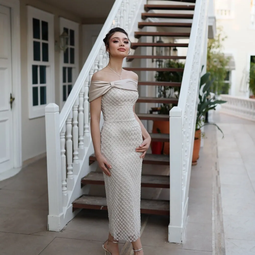 JazzHer Customized White One Shoulder Beaded Prom Dresses Sleeveless Strapless vestidos de noche Ankle-Length Formal Evening 2025-(PRE-ORDER)