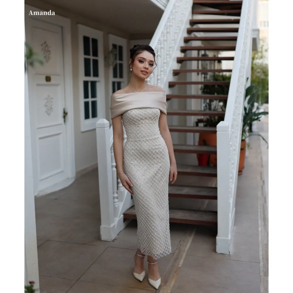 JazzHer Customized White One Shoulder Beaded Prom Dresses Sleeveless Strapless vestidos de noche Ankle-Length Formal Evening 2025-(PRE-ORDER)