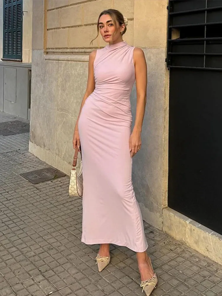 JazzHer Elegant Pleated Long Dresses Women Bodycon Sleeveless Half High Collar Back Split Long Dress 2024 Summer Lady Pink Party Robes