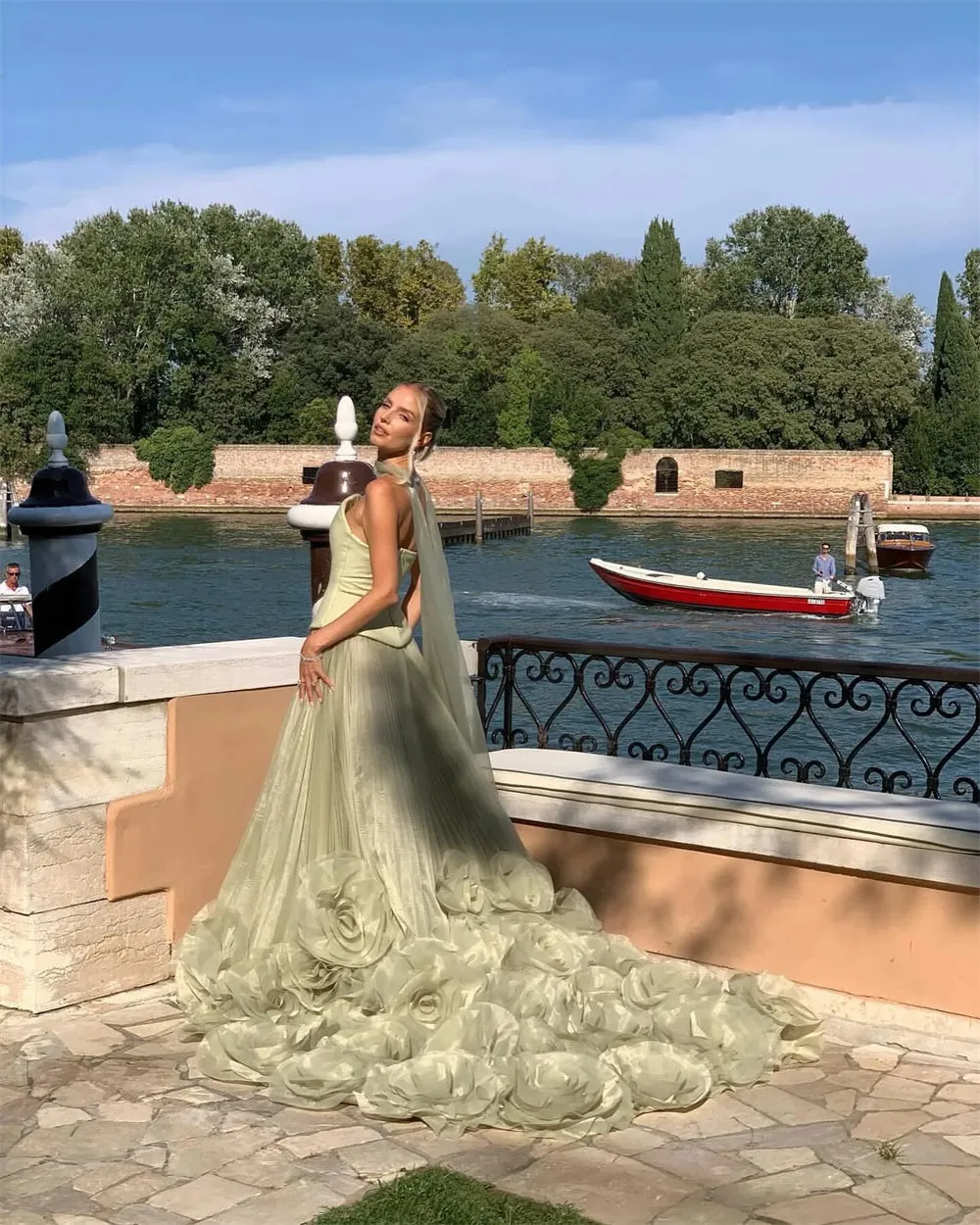 JazzHer Elegant Strapless Long Train Party Dresses Detachable Shawl vestido de gala noche mujer Floor-Length Organza Dress Women-(PRE-ORDER)