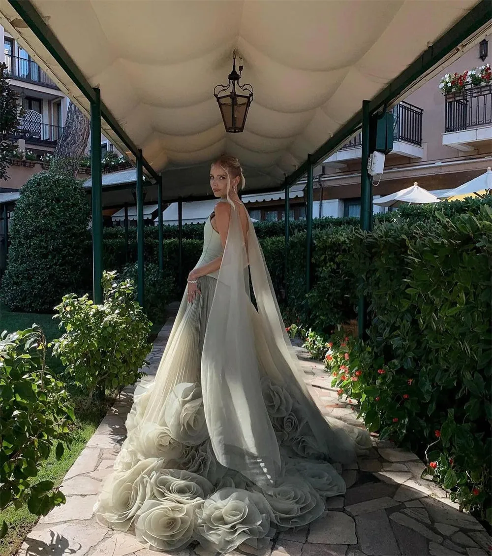 JazzHer Elegant Strapless Long Train Party Dresses Detachable Shawl vestido de gala noche mujer Floor-Length Organza Dress Women-(PRE-ORDER)