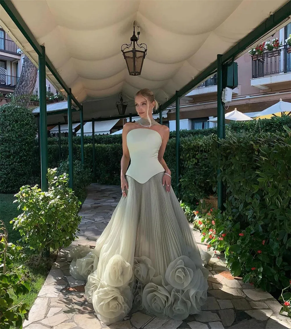 JazzHer Elegant Strapless Long Train Party Dresses Detachable Shawl vestido de gala noche mujer Floor-Length Organza Dress Women-(PRE-ORDER)