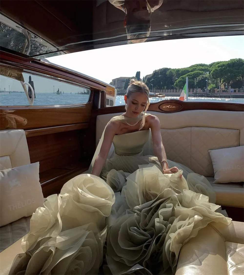 JazzHer Elegant Strapless Long Train Party Dresses Detachable Shawl vestido de gala noche mujer Floor-Length Organza Dress Women-(PRE-ORDER)