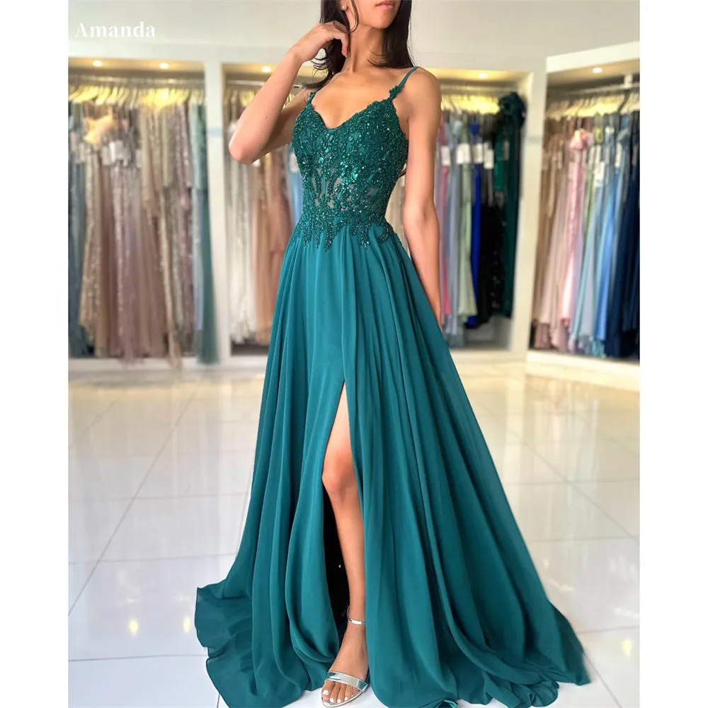 JazzHer Green Chiffon Prom Gown Spaghetti Strap A-line Lace Evening Formal Elegant Sleeveless Floor-length Party Dresses 2024-(PRE-ORDER)