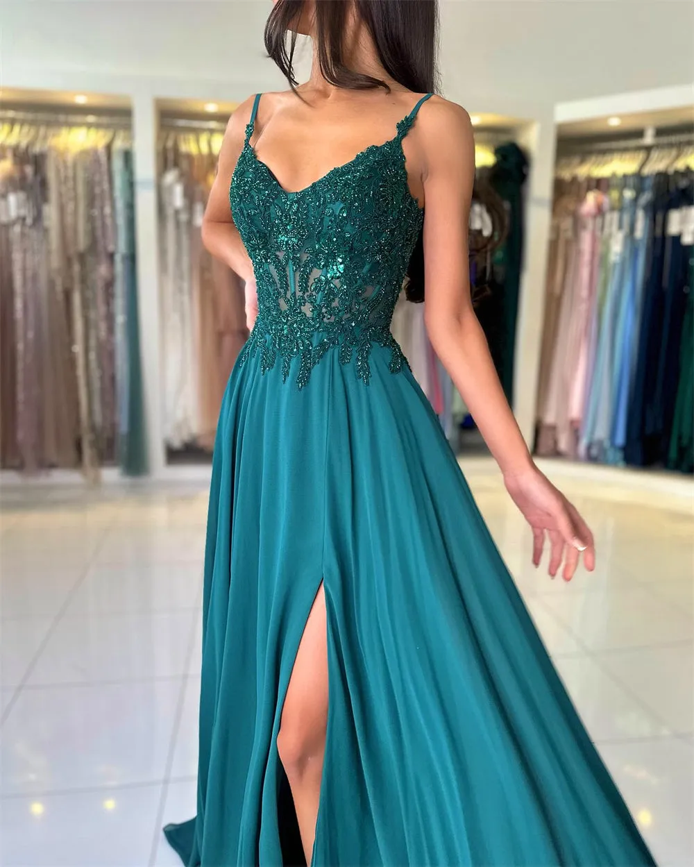 JazzHer Green Chiffon Prom Gown Spaghetti Strap A-line Lace Evening Formal Elegant Sleeveless Floor-length Party Dresses 2024-(PRE-ORDER)