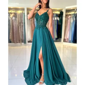 JazzHer Green Chiffon Prom Gown Spaghetti Strap A-line Lace Evening Formal Elegant Sleeveless Floor-length Party Dresses 2024-(PRE-ORDER)