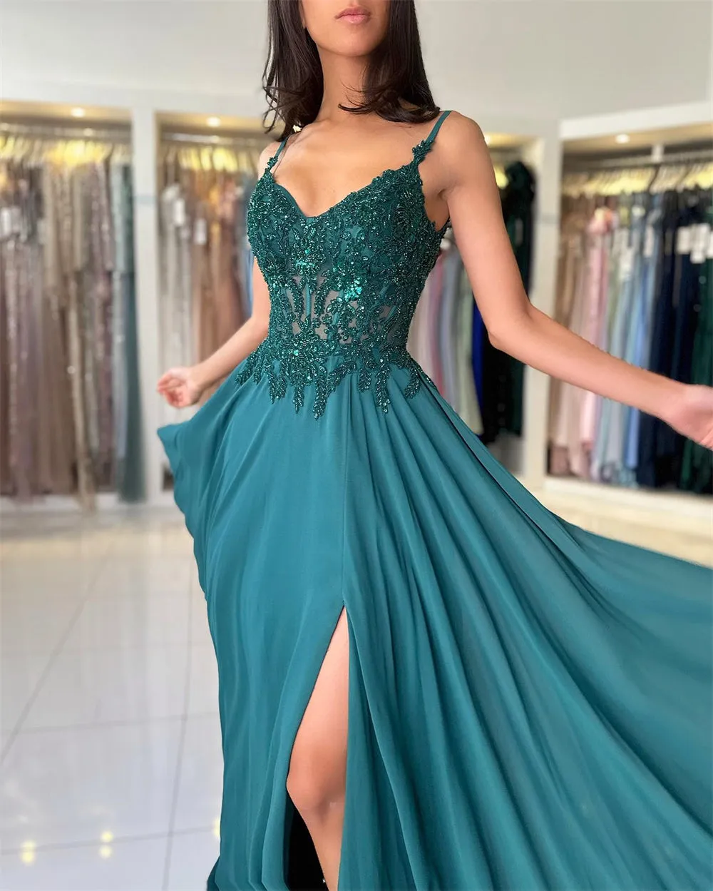 JazzHer Green Chiffon Prom Gown Spaghetti Strap A-line Lace Evening Formal Elegant Sleeveless Floor-length Party Dresses 2024-(PRE-ORDER)