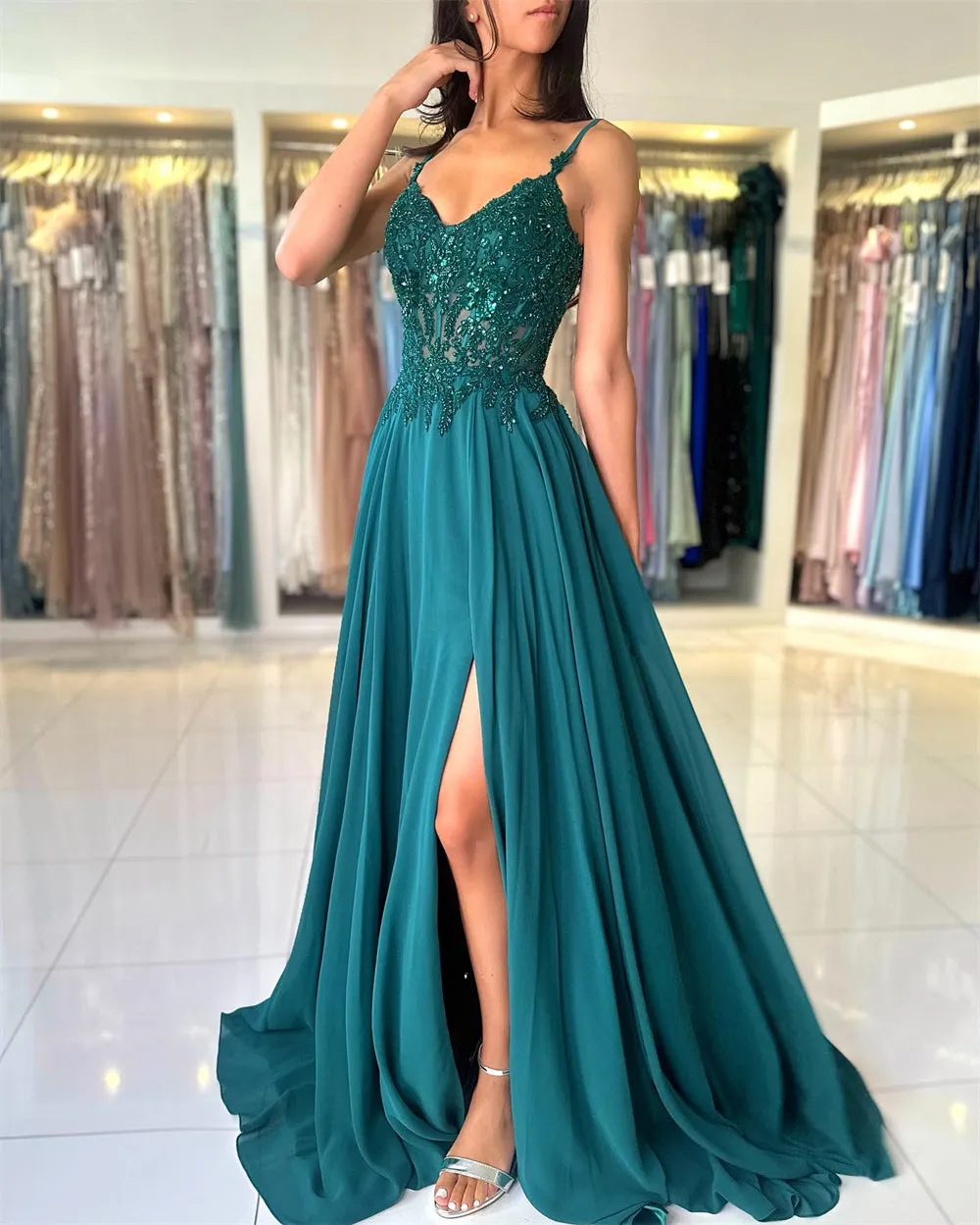 JazzHer Green Chiffon Prom Gown Spaghetti Strap A-line Lace Evening Formal Elegant Sleeveless Floor-length Party Dresses 2024-(PRE-ORDER)
