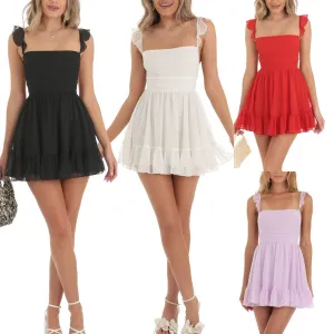 JazzHer hoco dresses Summer Solid Color Sling Dress Hot Girl Backless Sexy White Lace Stitching Elegant Short Skirt Su3344