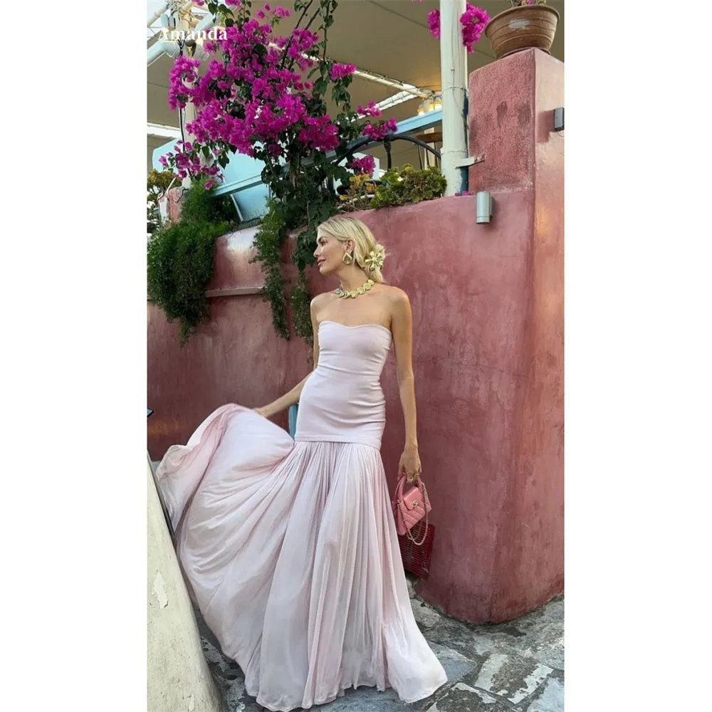 JazzHer Mermaid Mesh Strapless robes de soirée Sleeveless Floor-Length Evening Dresses Draped Valentines Day Formal Wedding Dress-(PRE-ORDER)