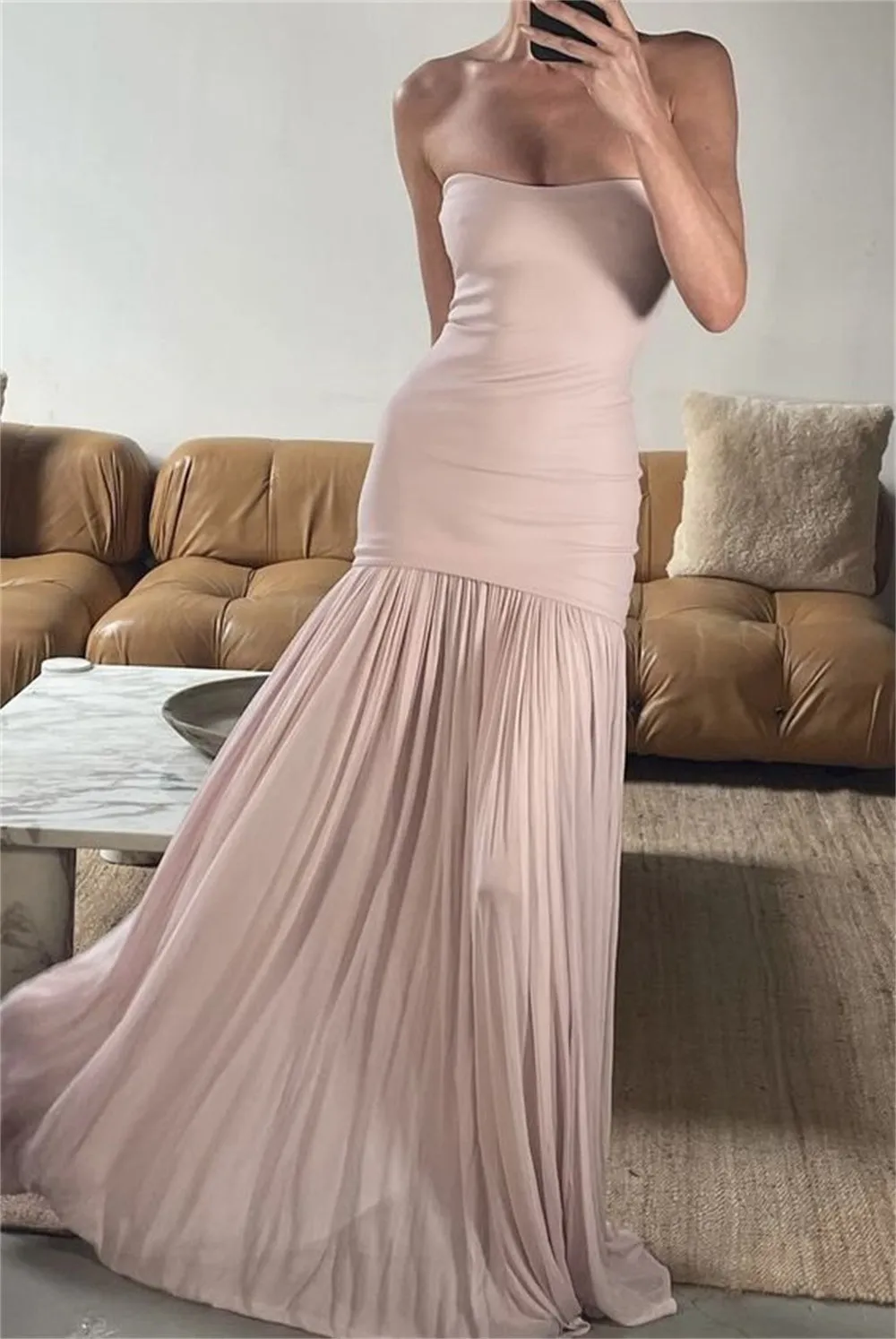 JazzHer Mermaid Mesh Strapless robes de soirée Sleeveless Floor-Length Evening Dresses Draped Valentines Day Formal Wedding Dress-(PRE-ORDER)