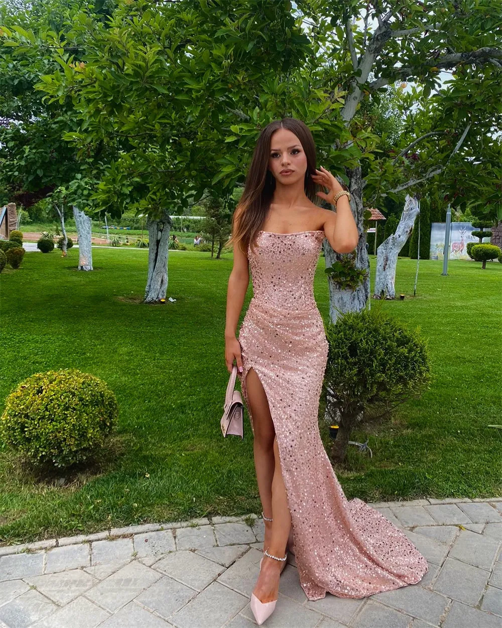 JazzHer Pink Glitter Prom Gown Strapless Mermaid Floor-length Evening Formal Elegant Sleeveless Side High Split Party Dresses-(PRE-ORDER)