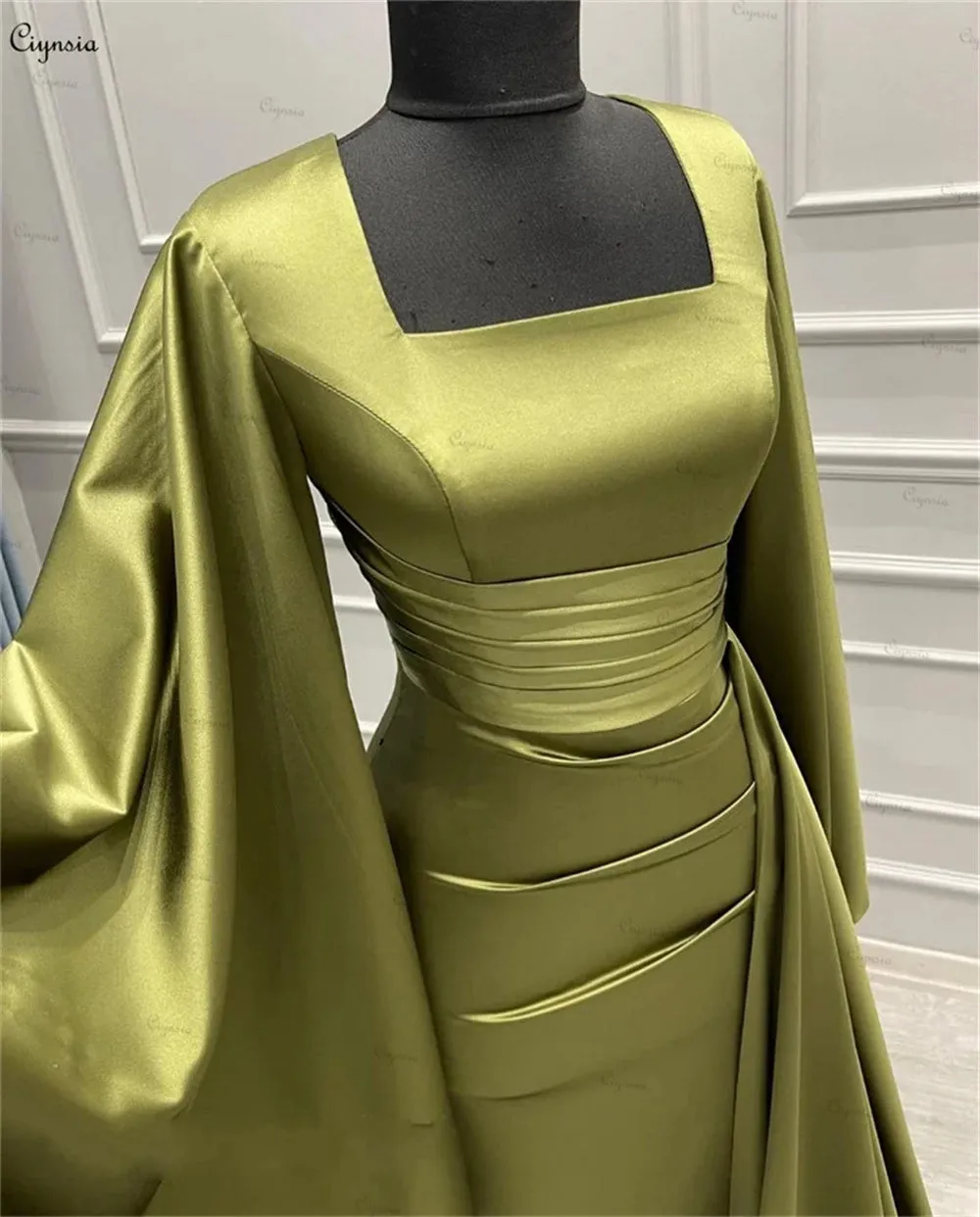 JazzHer Square Collar Pleats Long-Sleeve robes de soirée Evening Dresses Floor-Length Simple Formal Evening Mermaid Wedding Dress-(PRE-ORDER)