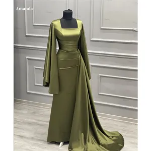 JazzHer Square Collar Pleats Long-Sleeve robes de soirée Evening Dresses Floor-Length Simple Formal Evening Mermaid Wedding Dress-(PRE-ORDER)